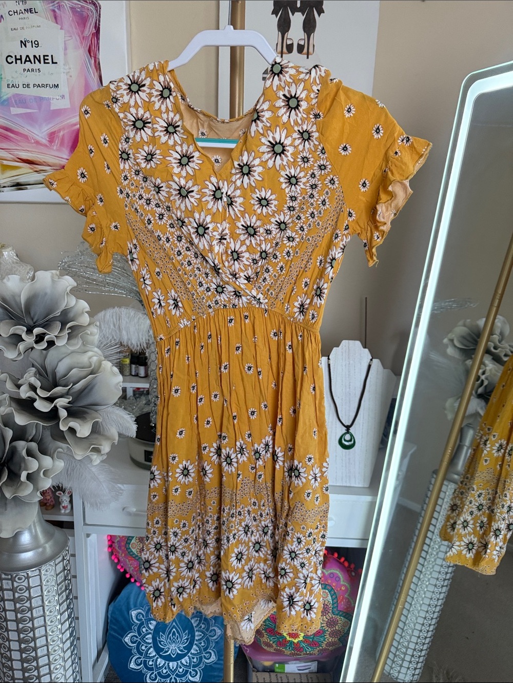 SHEIN Mustard Yellow Floral Wrap Mini Dress